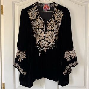 Johnny Was black velvet embroidered tunic, size XL